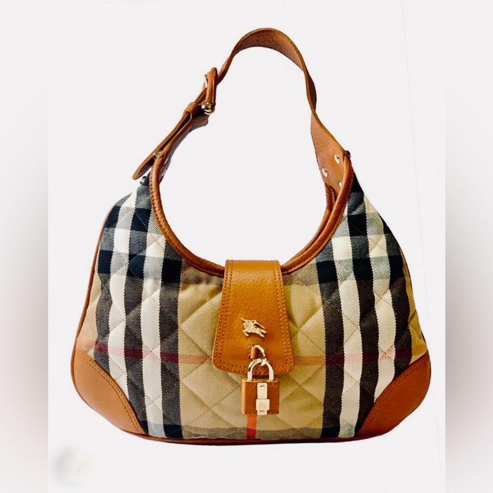 Authentic BURBERRY Brook House Check Quilted Canvas & Leather Hobo Bag